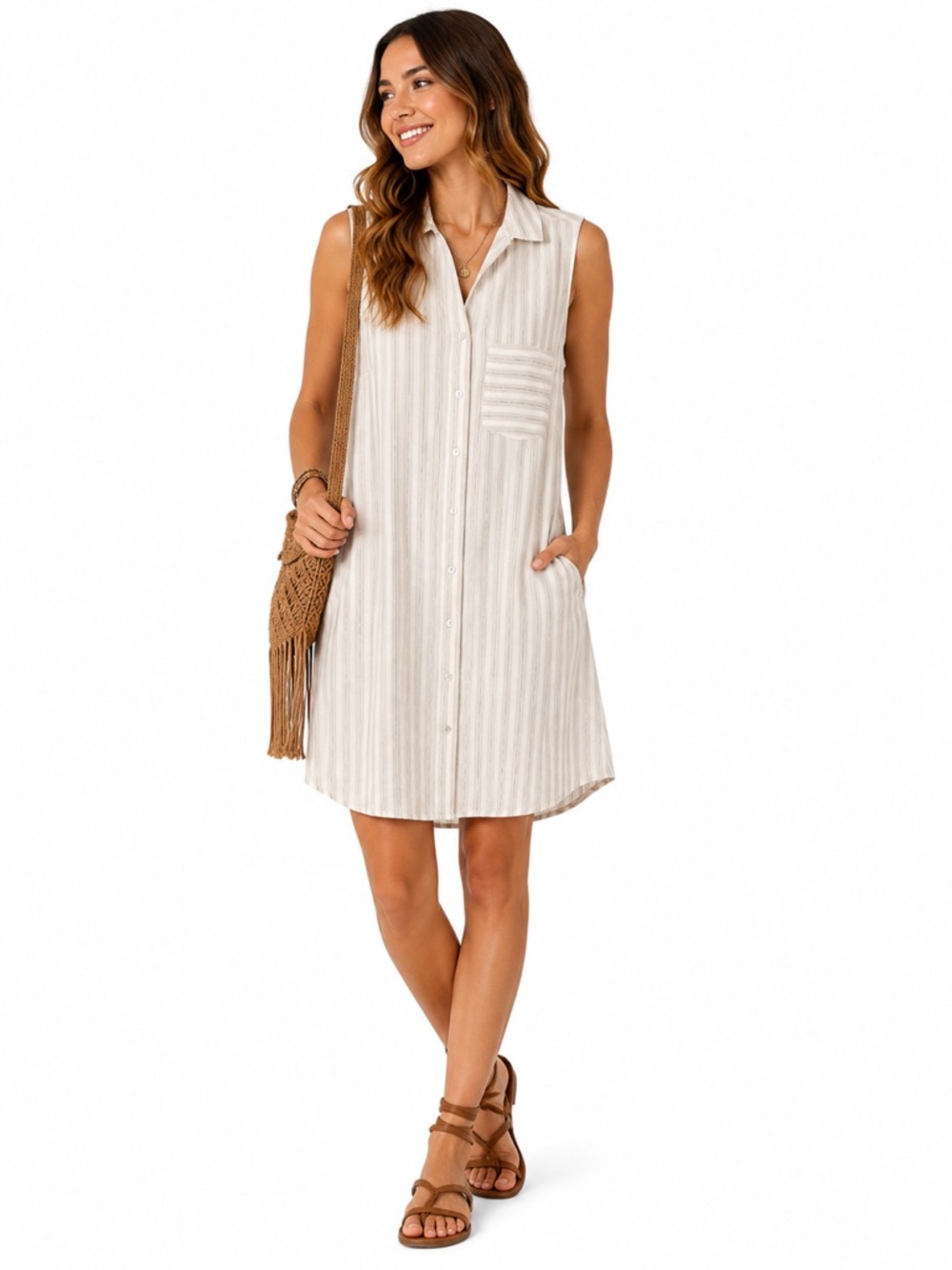 RW&CO Linen Blend Striped Shirt Dress Small Sleeveless Neutral Resort